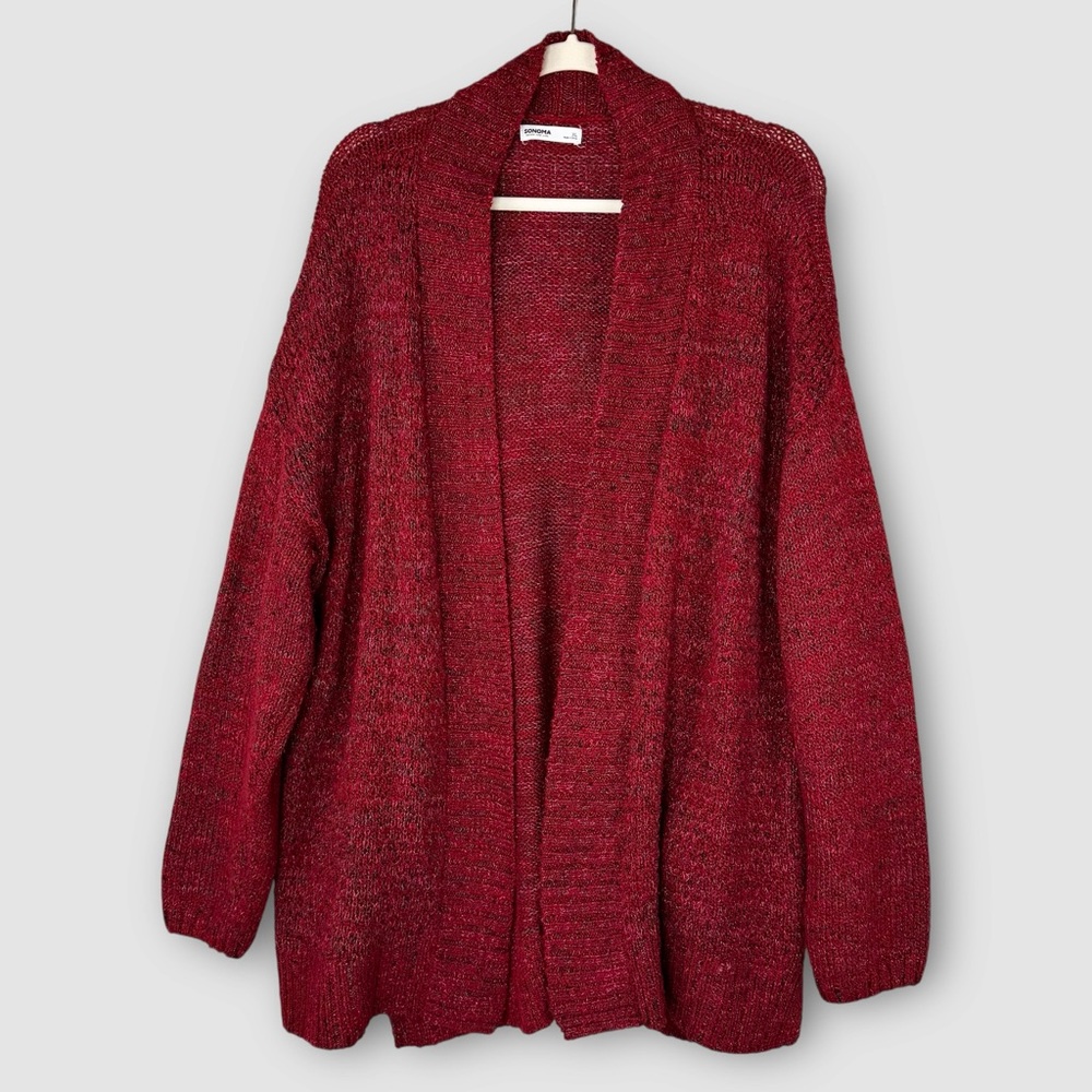 Sonoma Open Front Cardigan Sweater XL Burgundy Red Black Tweed Shimmer Cotton